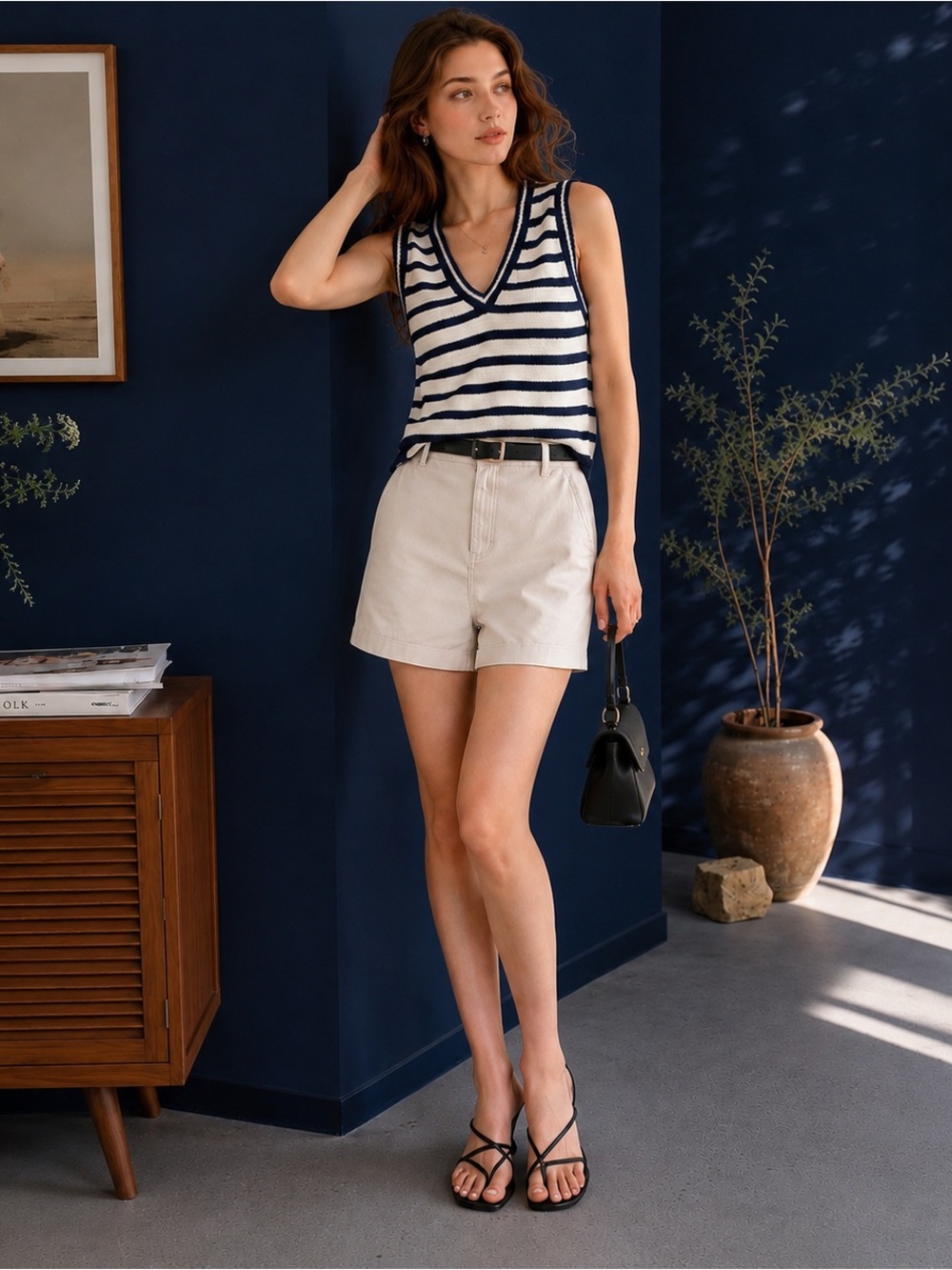 Elie Tahari Navy & White Striped V-Neck Sweater Vest